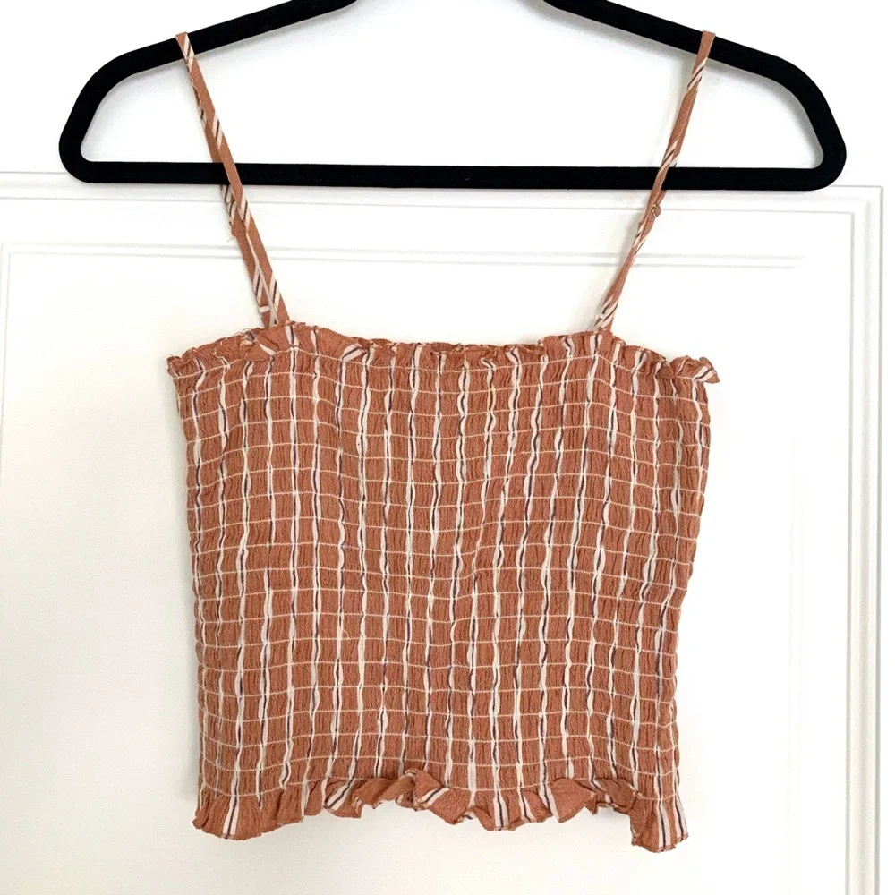 Forever 21 Burnt Orange Smocked Gingham Cropped Top-M - Picture 2 of 5